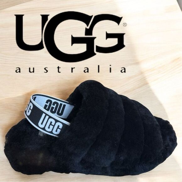UGG Women's Black Sheepskin Fluff Yeah Slide Sandals Logo Shoes - Picture 1 of 10
